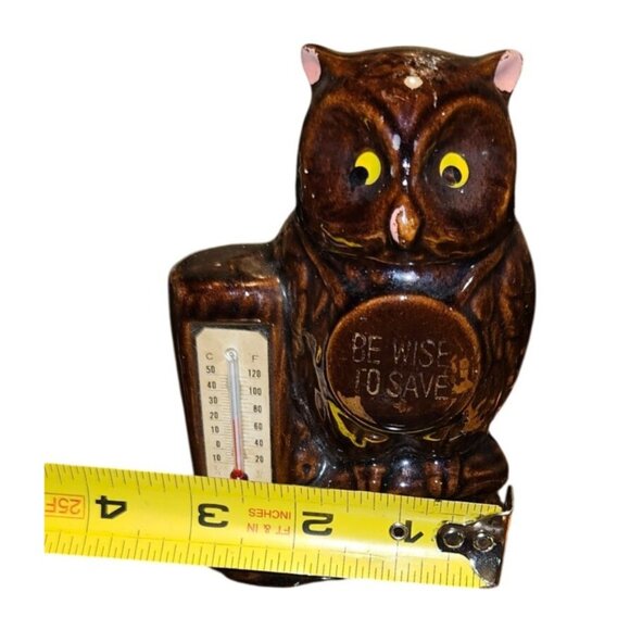 Vintage Ceramic Owl Coin Bank Brown With Thermometer "Be Wise To Save" Design 5" - Picture 3 of 9